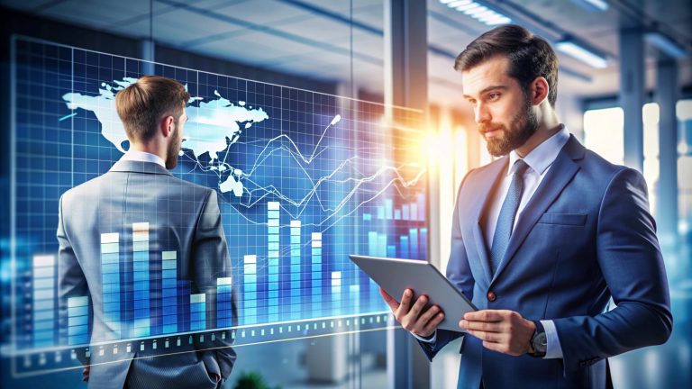 businessman looking digital tablet with financial graphs Accelerating Global B2B Sales Growth Through Appointment Setting & Sales Outsourcing for NexoraTech