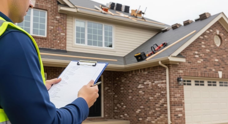 construction worker yellow vest inspects house with clipboard 1302273 1204 Roofing Repair Services