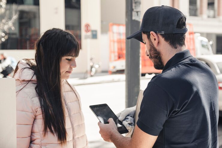 delivery man using digital tablet near female customer 23 2147862215 Flooring Companies