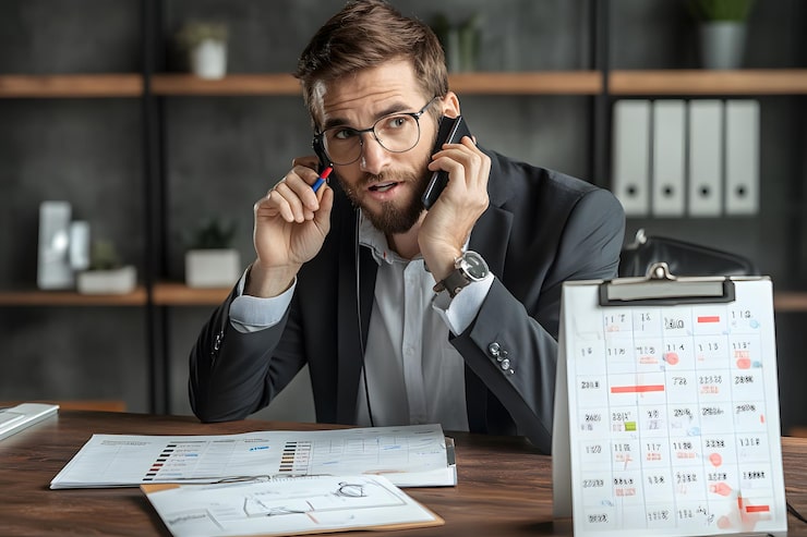 man talking cell phone front calendar that says date 717577 35213 Call back Scheduling Service