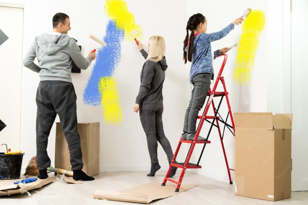 repair apartment happy family mother father child daughter paints wall with paint 493343 15617 Painting Business