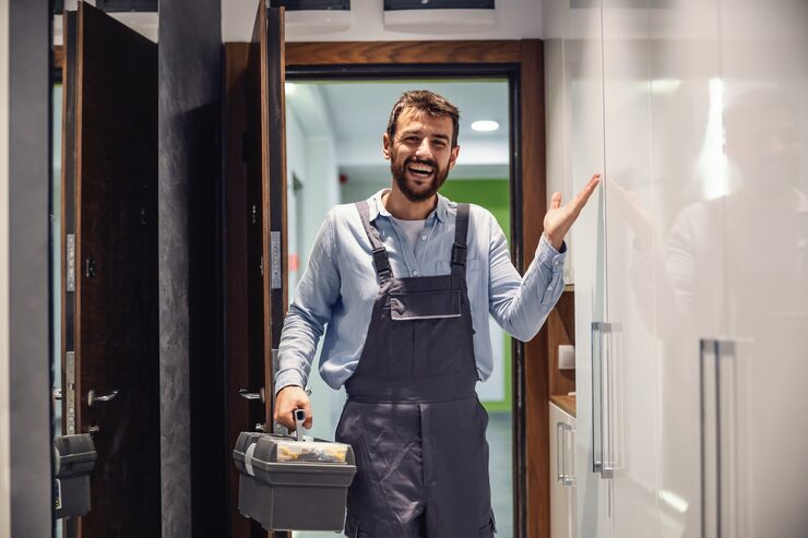 smiling friendly repairman entering house holding box with tools he is ready fix stuff house 232070 10984 Door Installation