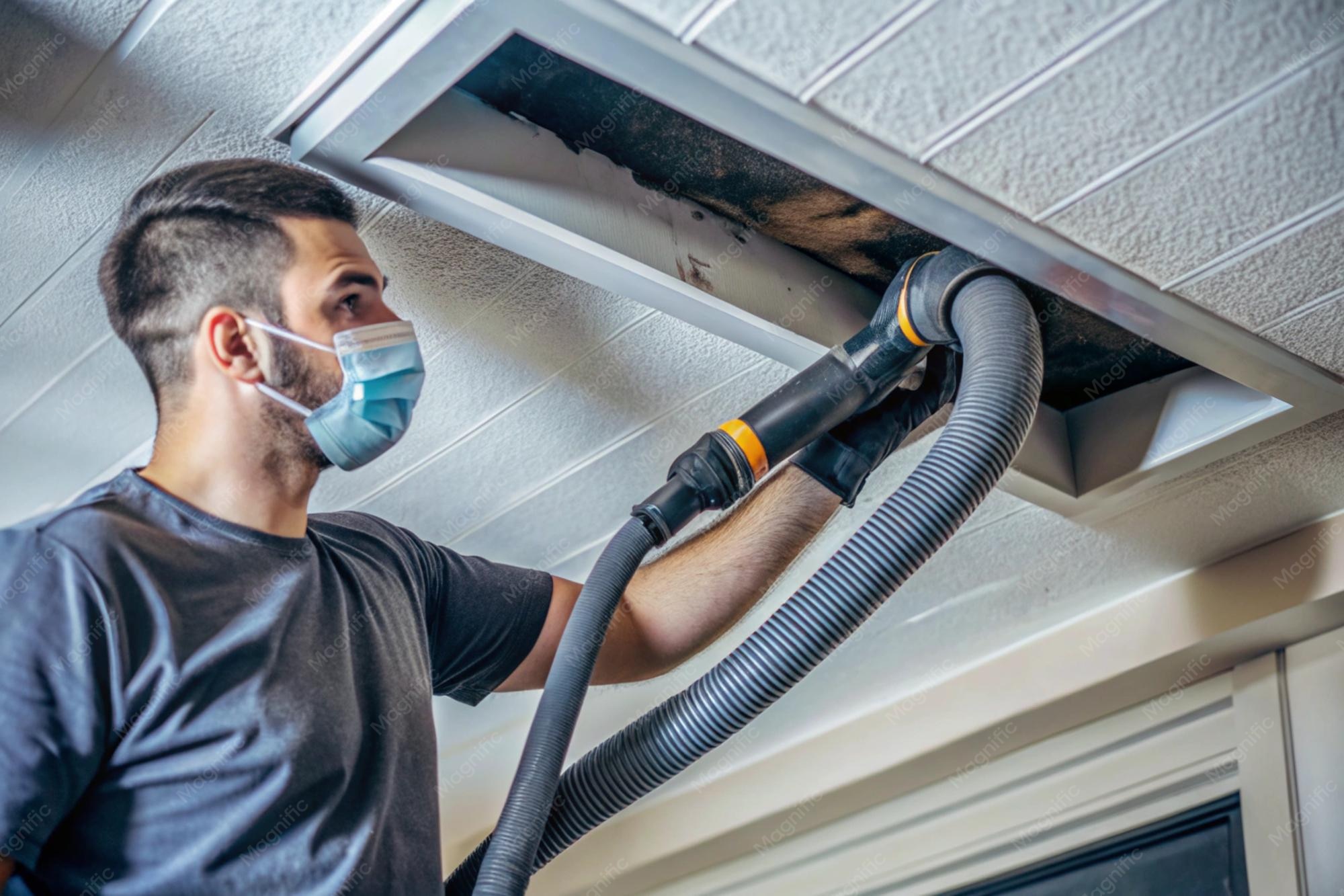 hvac technician cleaning air ducts home with long tools vacuum system 857340 18305 Air Duct Cleaning