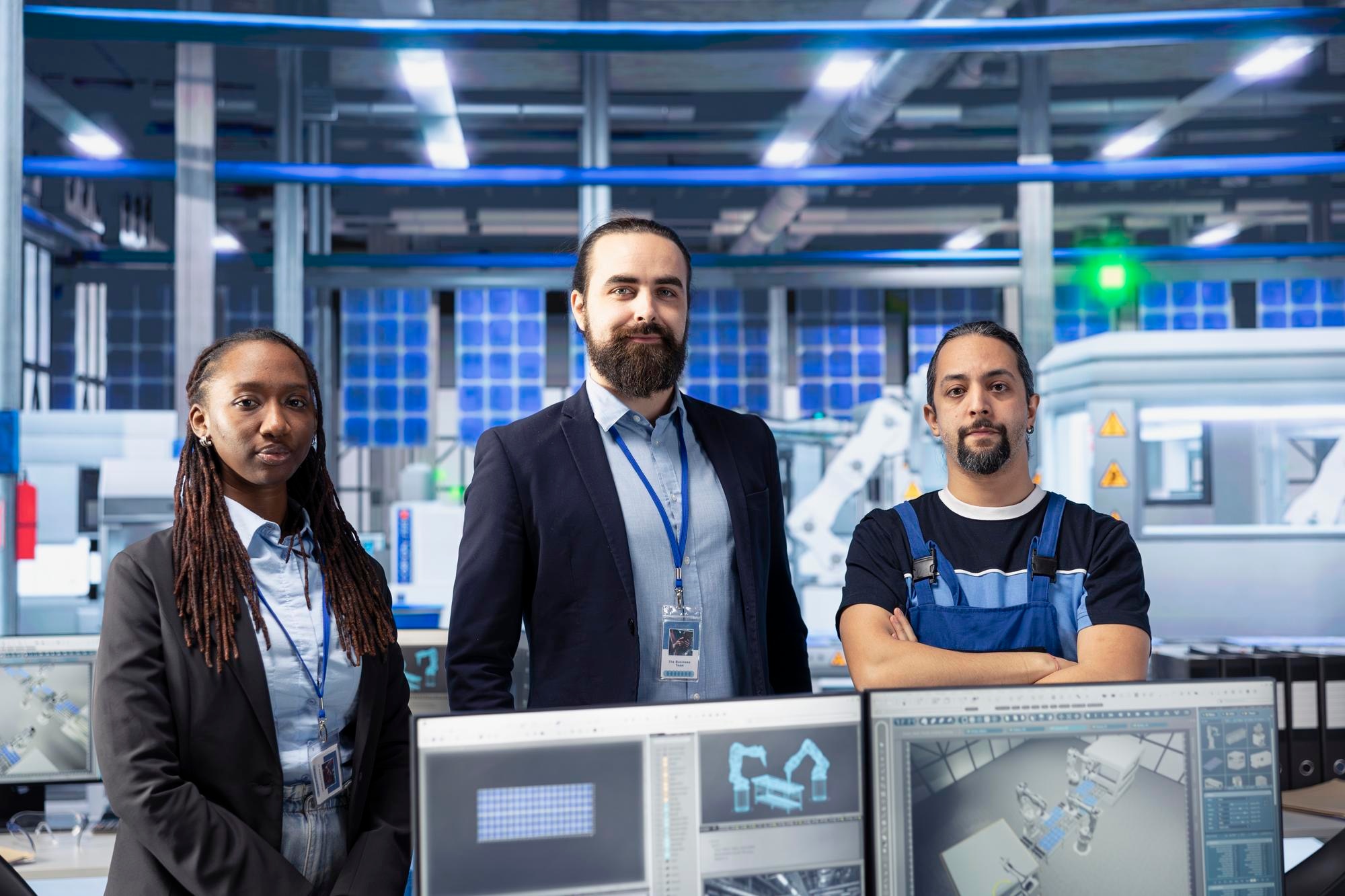 portrait smiling photovoltaics factory workers optimizing production flow 482257 120437 Electrical Installation