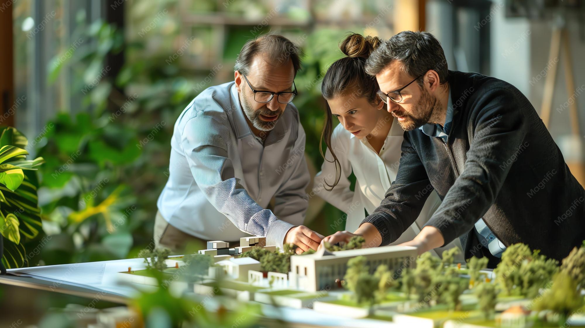 three architects discussing building model office 14117 527880 Green Building System