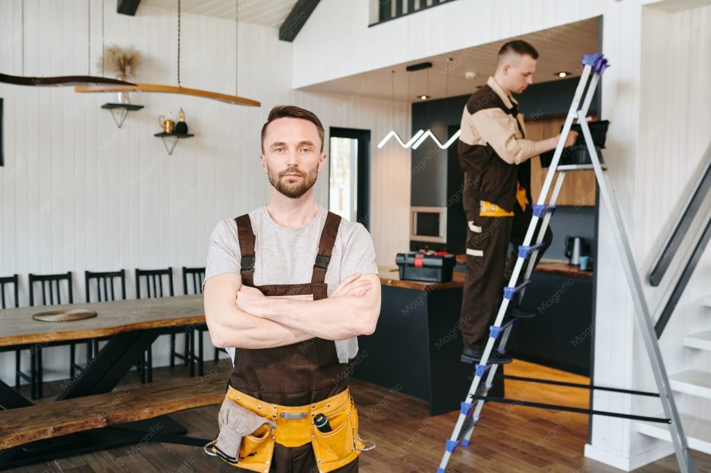 young confident plumber uniform standing against his colleague stepladder 274679 21918 Electrical Installation